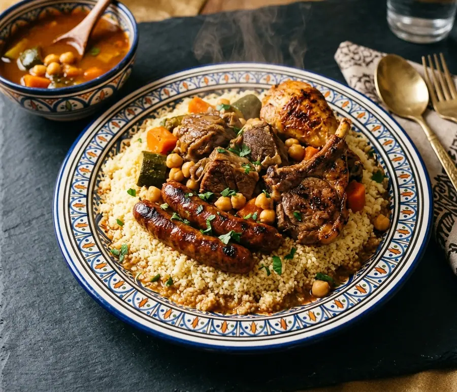 Couscous royal : semoule, merguez, côtelette d'agneau, poulet doré et pois chiches dans un plat émaillé