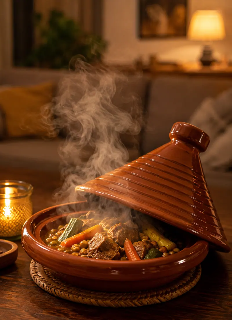 Tajine fumant posé sur une table de salon, servi à domicile
